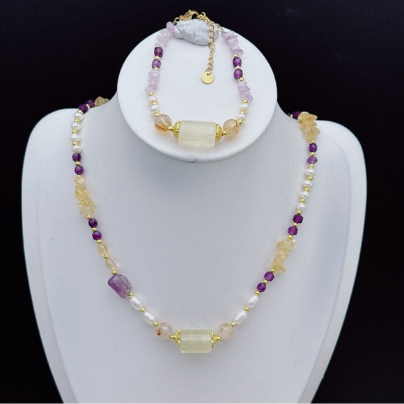 26X46 Handmade Freshwater Pearl Citrine Amethyst Necklace Bracelet Set - Picture 10 of 10